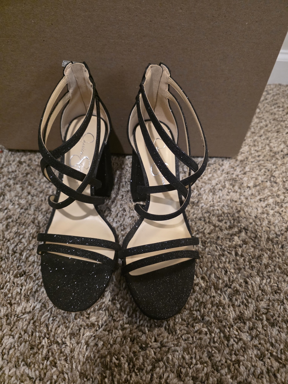 Black Glitter Strappy Block Heels